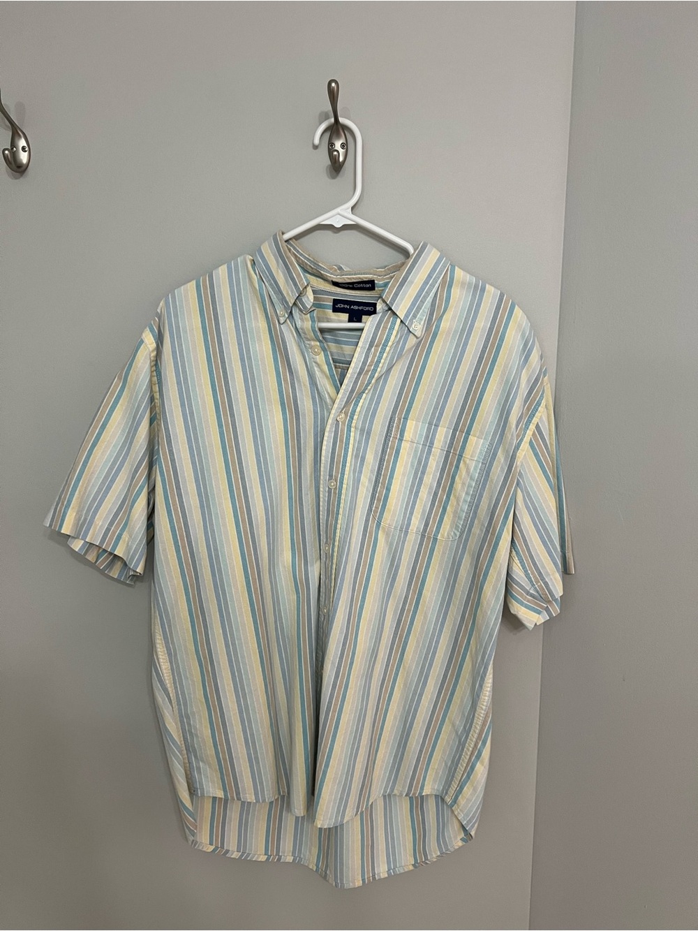 John Ashford Short-Sleeve Button-Up Shirt in Blue, Yellow & Cream Stripes